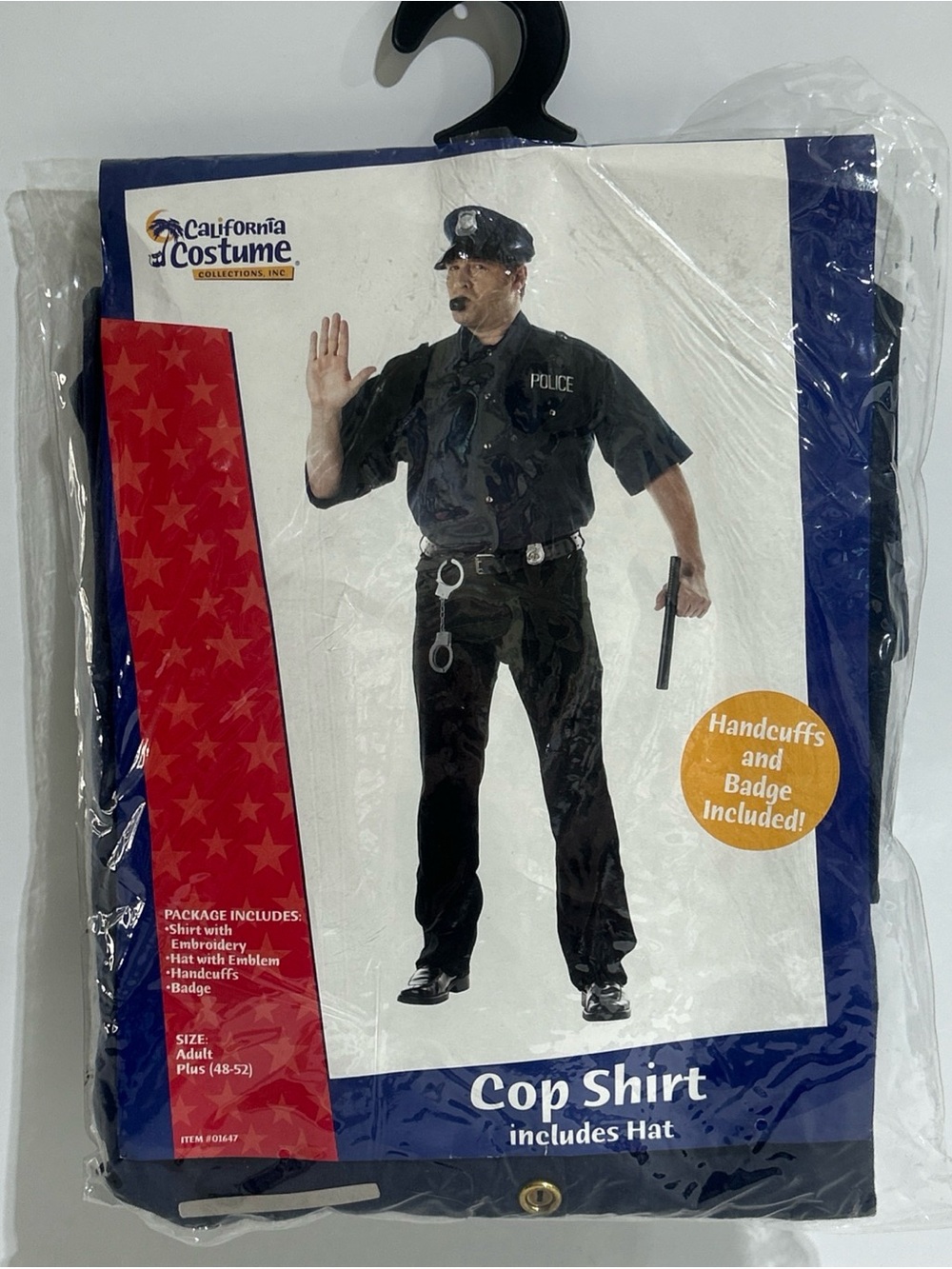 NEW CALIFORNIA COSTUME COP SHIRT COSTUME 48-52. 4 PIECE W/ HAT BADGE & HANDCUFFS
